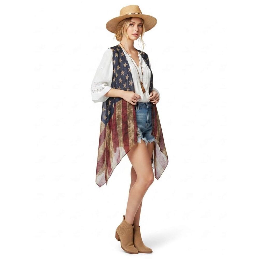 Sleeveless Lightweight American Flag Kimono Vest NWT